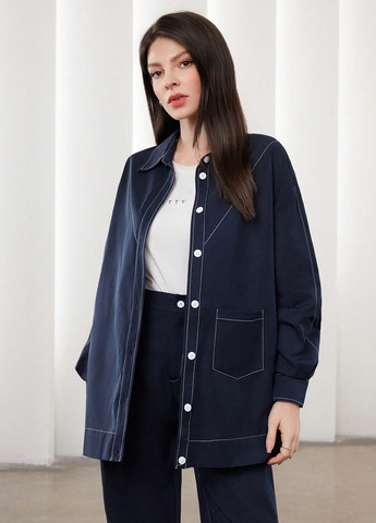 Темно-синяя кэжуал рубашка однотонная SHEIN