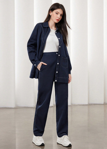 Темно-синяя кэжуал рубашка однотонная SHEIN