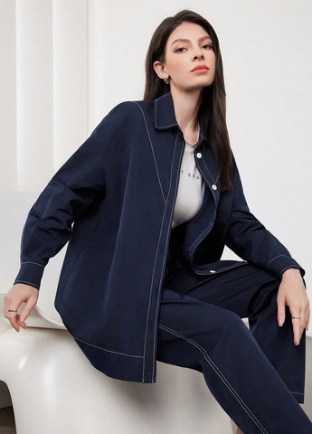 Темно-синяя кэжуал рубашка однотонная SHEIN