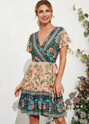 Бежевое кэжуал платье женское в стиле бохо flower meadow Berni Fashion с цветочным принтом