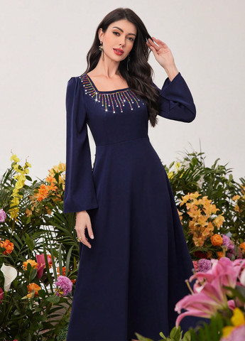 Темно-синя вечірня сукня кльош SHEIN однотонна