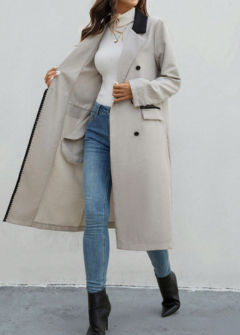 Серое демисезонное Пальто двубортное SHEIN