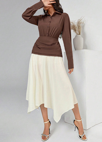 Коричнева кежуал сукня кльош SHEIN колор блок