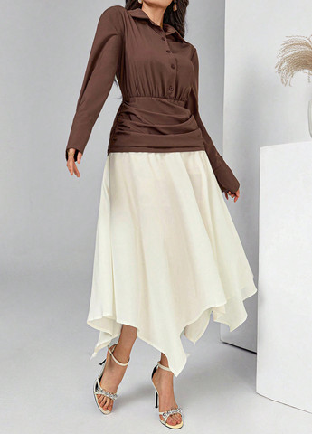 Коричнева кежуал сукня кльош SHEIN колор блок