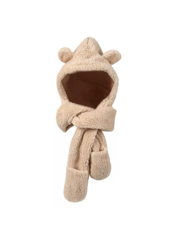Wuke мишка 3в1 унисекс с ушками капюшон варежки с карманами one size Бежевый Brend шапка шарф (254847299)