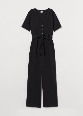 Комбинезон H&M комбинезон-брюки однотонный чёрный кэжуал хлопок, трикотаж