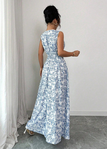 Синее вечернее, кэжуал платье клеш SHEIN с цветочным принтом