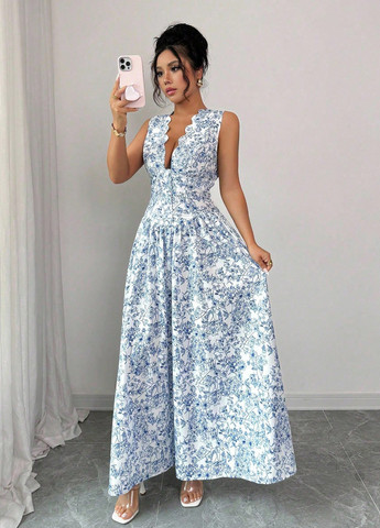 Синее вечернее, кэжуал платье клеш SHEIN с цветочным принтом