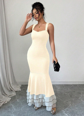 Кремовое праздничный платье годе SHEIN однотонное