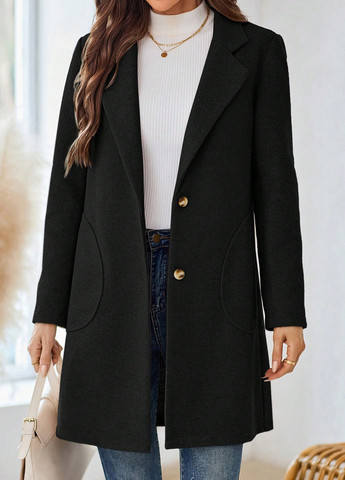 Чорне демісезонне Пальто однобортне SHEIN