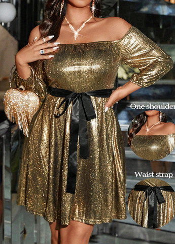Золотий коктейльна сукня з відкритими плечима SHEIN однотонна
