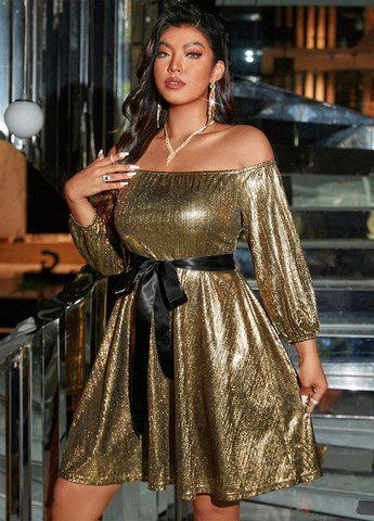 Золотий коктейльна сукня з відкритими плечима SHEIN однотонна