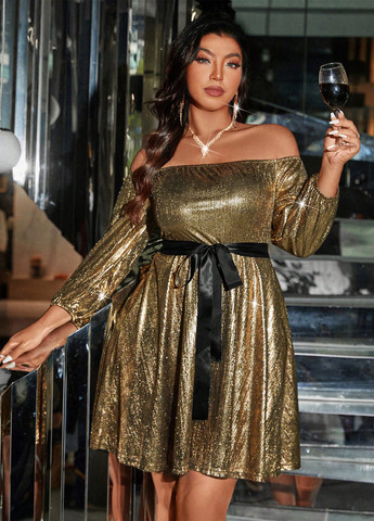 Золотий коктейльна сукня з відкритими плечима SHEIN однотонна