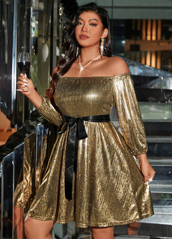 Золотий коктейльна сукня з відкритими плечима SHEIN однотонна