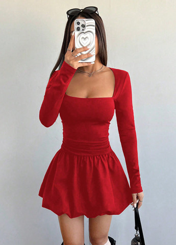 Красное кэжуал платье баллон SHEIN однотонное