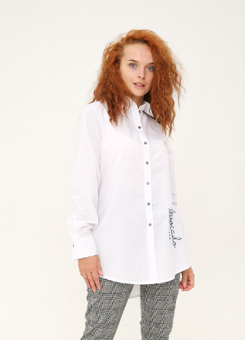 Біла демісезонна сорочка туніка видовженого крою з вишивкою "авокадо ієрогліфи" INNOE Белая блуза