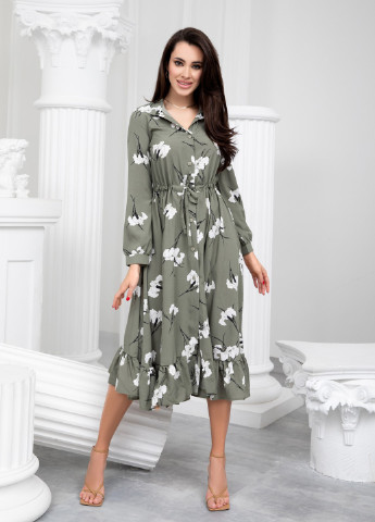 Оливковое (хаки) повседневный платье рубашка ISSA PLUS с цветочным принтом