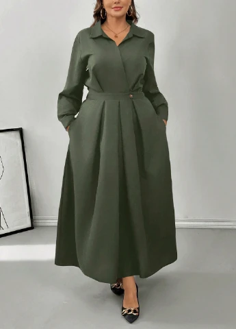 Оливковое (хаки) кэжуал платье клеш, рубашка SHEIN однотонное