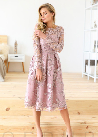 Розовое коктейльное кружевное платье-миди Gepur однотонное