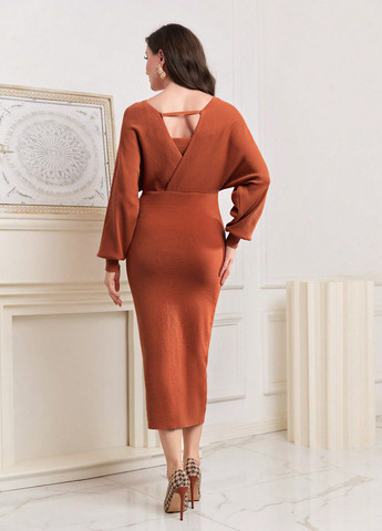 Терракотовое кэжуал платье платье-свитер SHEIN однотонное