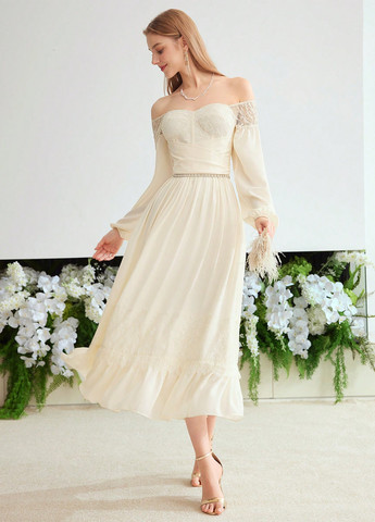 Кремовое кэжуал платье с открытыми плечами SHEIN однотонное