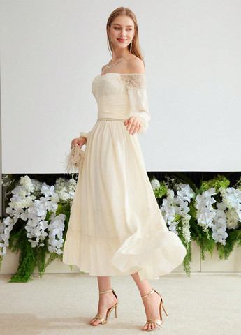 Кремовое кэжуал платье с открытыми плечами SHEIN однотонное