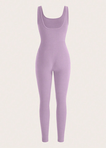 Комбінезон SHEIN комбінезон-брюки однотонний світло-ліловий спортивний, кежуал поліестер, трикотаж