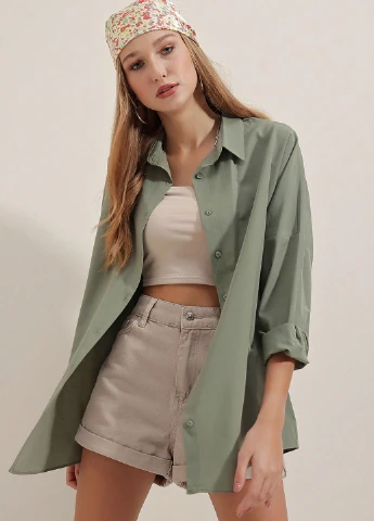 Серо-зеленая классическая, кэжуал рубашка однотонная SHEIN