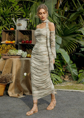 Оливкова (хакі) вечірня сукня силуетна, з відкритими плечима SHEIN тай-дай