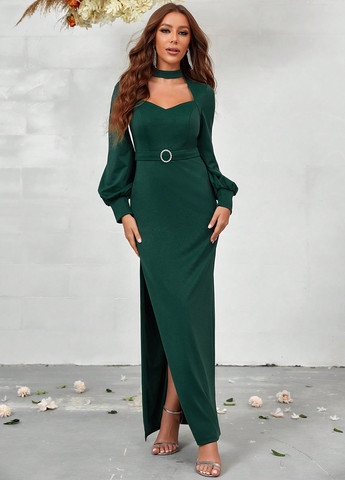 Темно-зелена вечірня сукня силуетна SHEIN однотонна