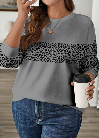 Серый свитшот SHEIN леопардовый без декора (364847221)