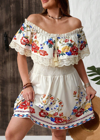 Кремова кежуал сукня з відкритими плечима SHEIN з квітковим принтом