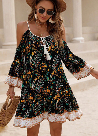 Чорна кежуал сукня з відкритими плечима SHEIN з квітковим принтом