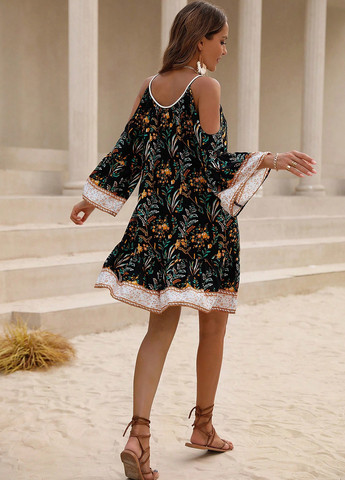 Чорна кежуал сукня з відкритими плечима SHEIN з квітковим принтом