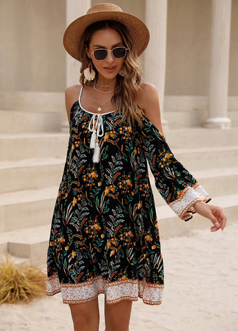 Чорна кежуал сукня з відкритими плечима SHEIN з квітковим принтом