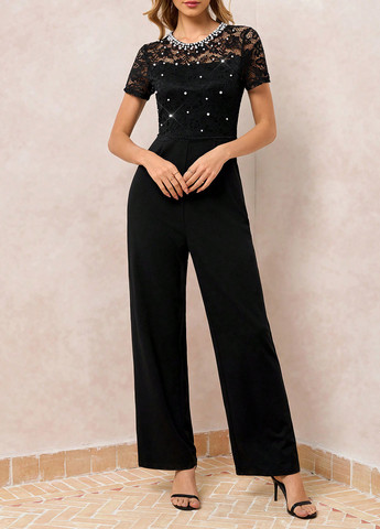 Комбинезон SHEIN комбинезон-брюки однотонный чёрный кэжуал полиамид