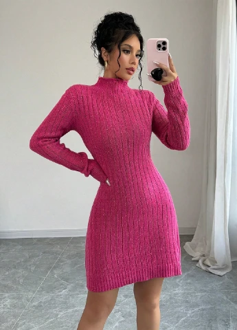 Малиновое кэжуал платье платье-свитер SHEIN однотонное