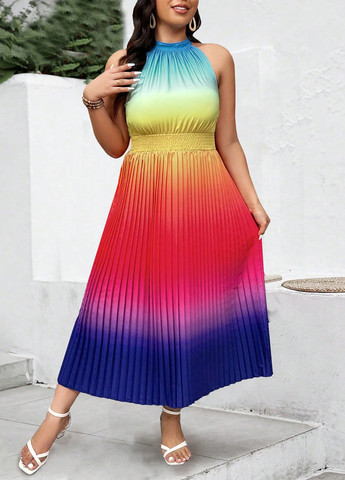 Комбинированное праздничный, вечернее, пляжное, кэжуал платье а-силуэт, плиссированное SHEIN градиентное ("омбре")