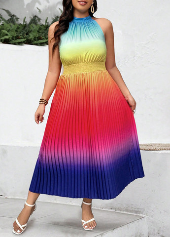 Комбинированное праздничный, вечернее, пляжное, кэжуал платье а-силуэт, плиссированное SHEIN градиентное ("омбре")