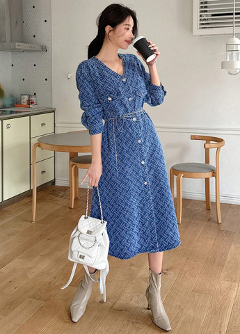 Синя джинсова, кежуал сукня а-силует SHEIN з візерунком "гусяча лапка"