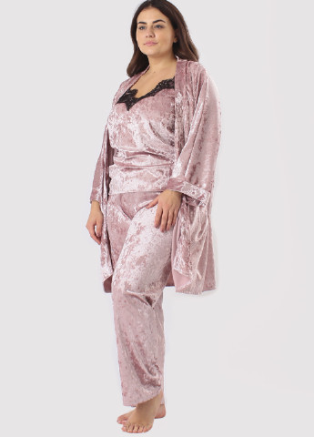 Светло-розовый демисезонный комплект (халат, топ, брюки) Ghazel