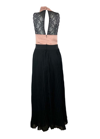 Чорна вечірня максі сукня з мереживною спинкою кльош, з пишною спідницею, а-силует, плісована Rinascimento однотонна