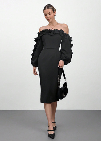 Чорна вечірня сукня силуетна, на одне плече SHEIN однотонна