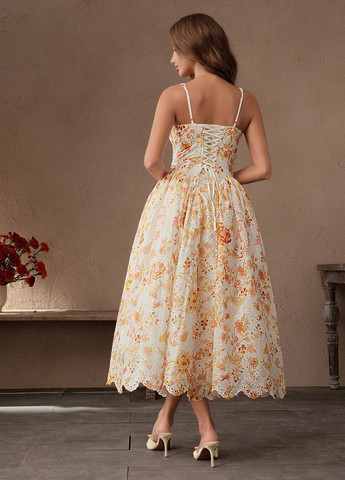 Світло-жовтий вечірня, кежуал сукня з спідницею-сонце, в стилі армпір SHEIN з квітковим принтом