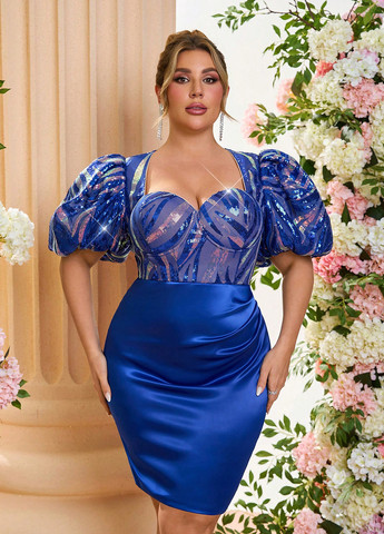 Синее праздничный, коктейльное платье силуэтная SHEIN однотонное