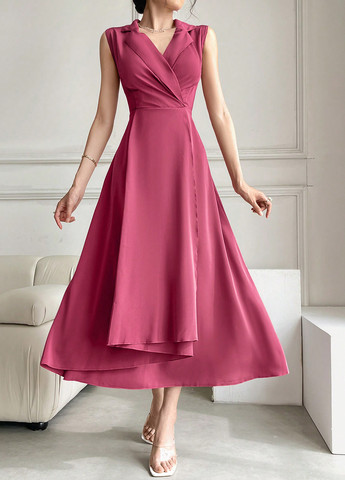 Фуксиновое (цвета Фуксия) кэжуал платье на запах SHEIN однотонное