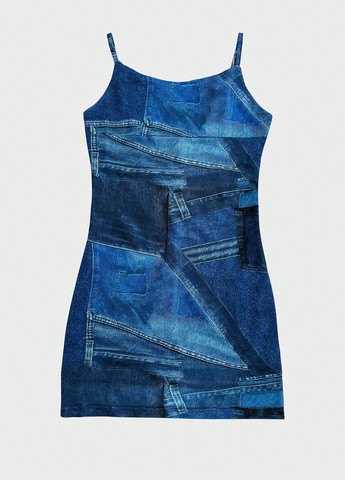 Синее кэжуал платье с открытыми плечами SHEIN колор блок