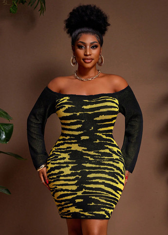 Комбінована вечірня, кежуал сукня силуетна, з відкритими плечима SHEIN тигровый