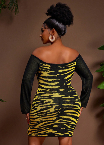 Комбінована вечірня, кежуал сукня силуетна, з відкритими плечима SHEIN тигровый