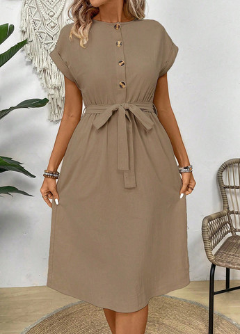 Темно-бежевое кэжуал платье SHEIN однотонное